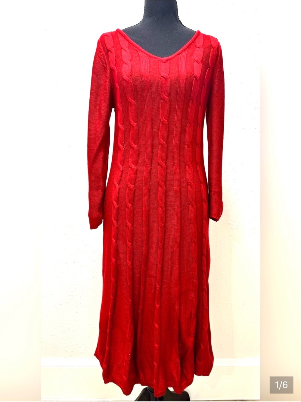 Nine West Red Cable-Knit Long Sleeve Dress